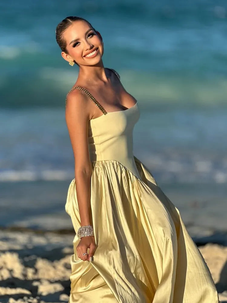 Sleeveless Backless Yellow Bodycon Maxi Dress VestiVogue