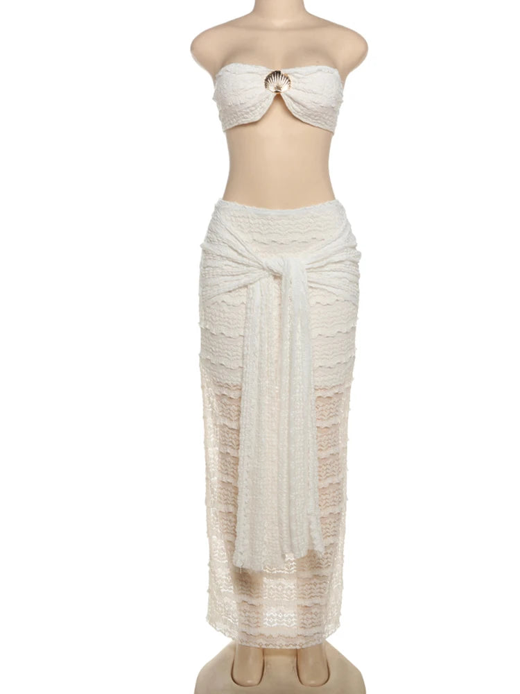 Elegant Two-Piece See-Through Tube Top and Wrapped Skirt Set VestiVogue