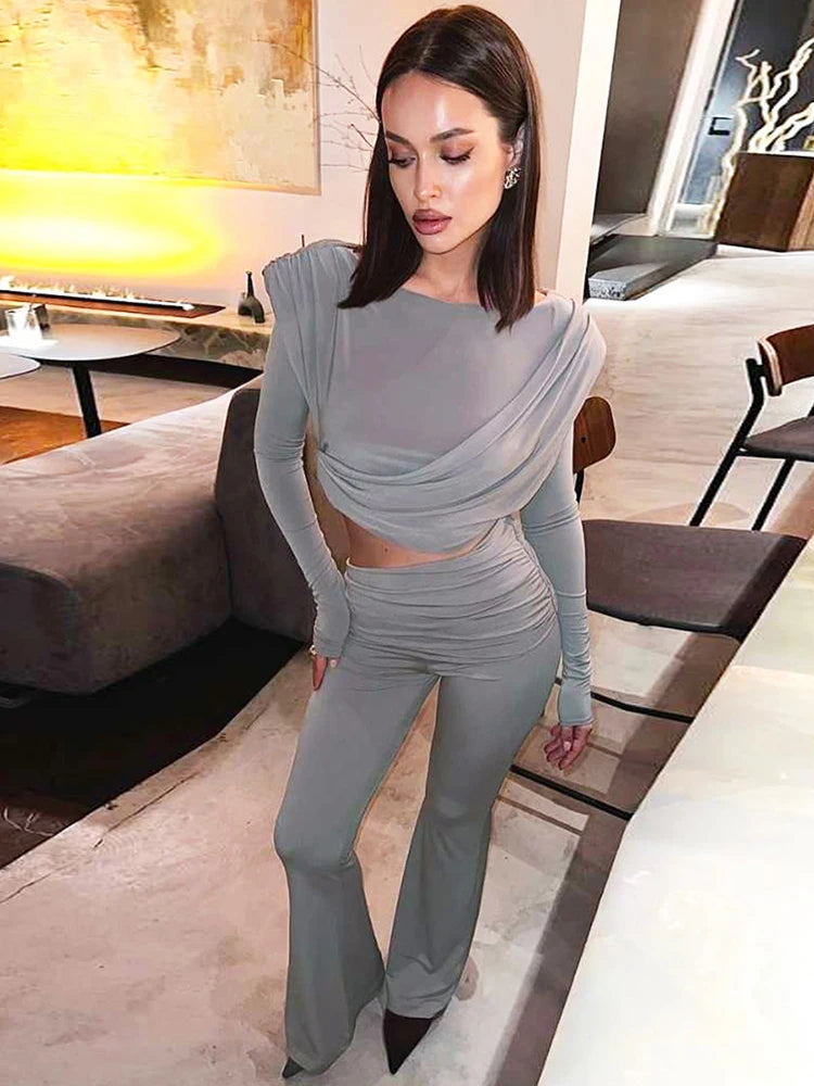 Ruched O-Neck Crop Top and Flare Pants Set VestiVogue