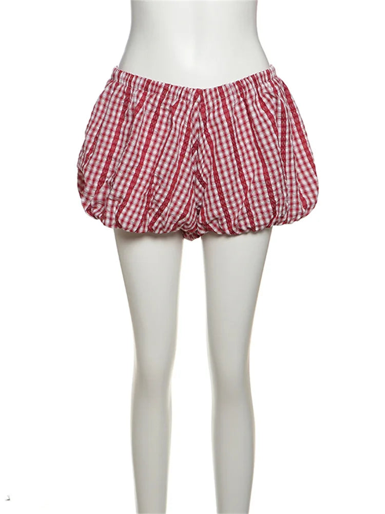 Striped Halter Neck 2-Piece Set with Lace Back and Folds Puffy Hem Shorts VestiVogue