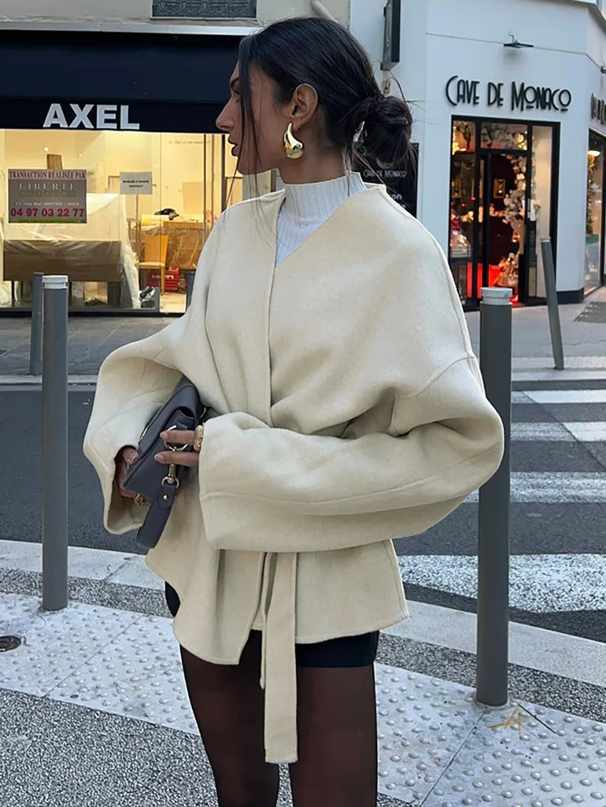 Elegant V-Neck Lace-Up Long Sleeve Coat for Women VestiVogue