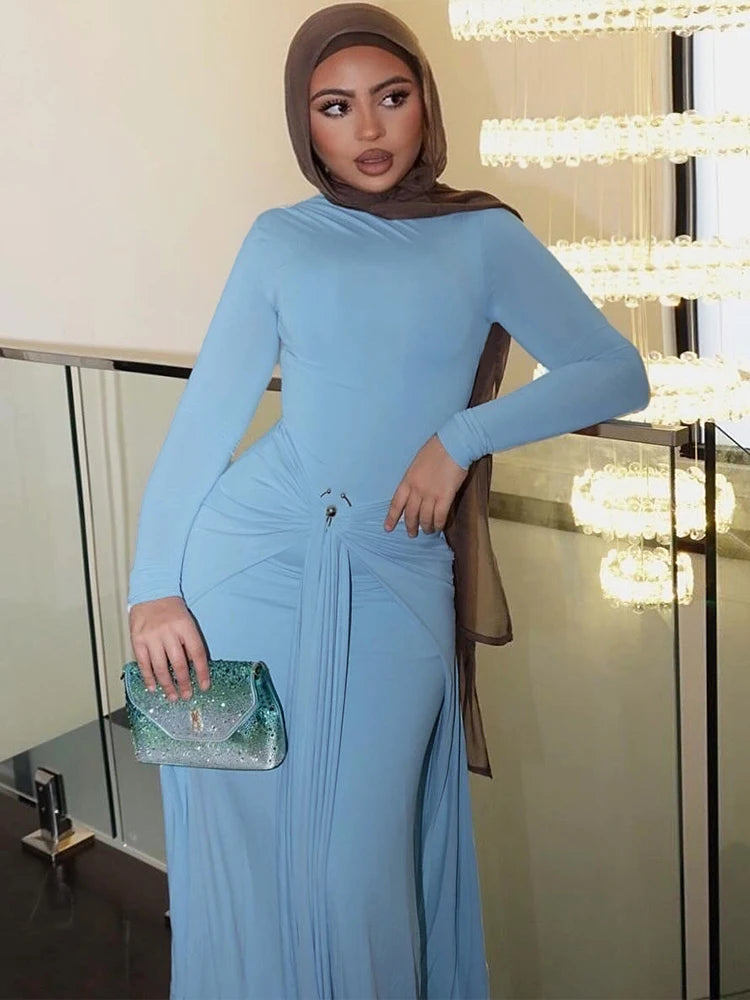 Ruched Full Sleeve Maxi Dress VestiVogue Blue M