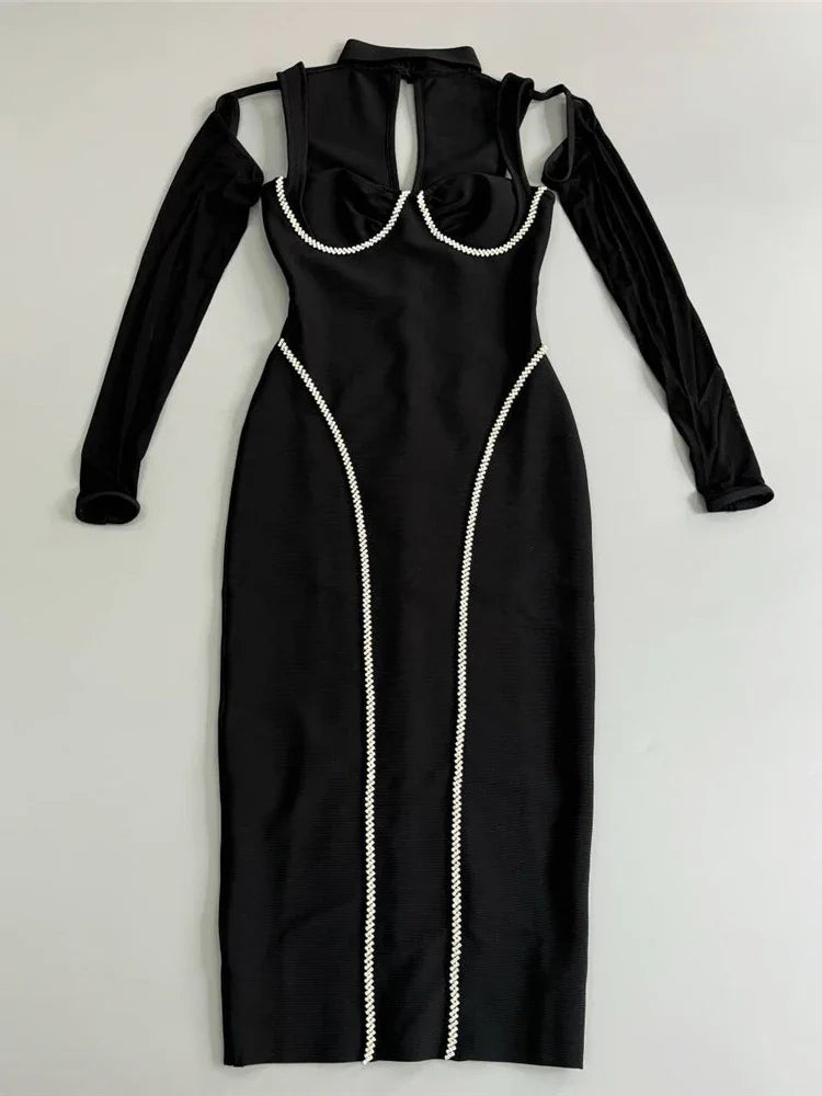 Halter Midi Bandage Dress with Mesh Sleeves and Hollow Out Design VestiVogue