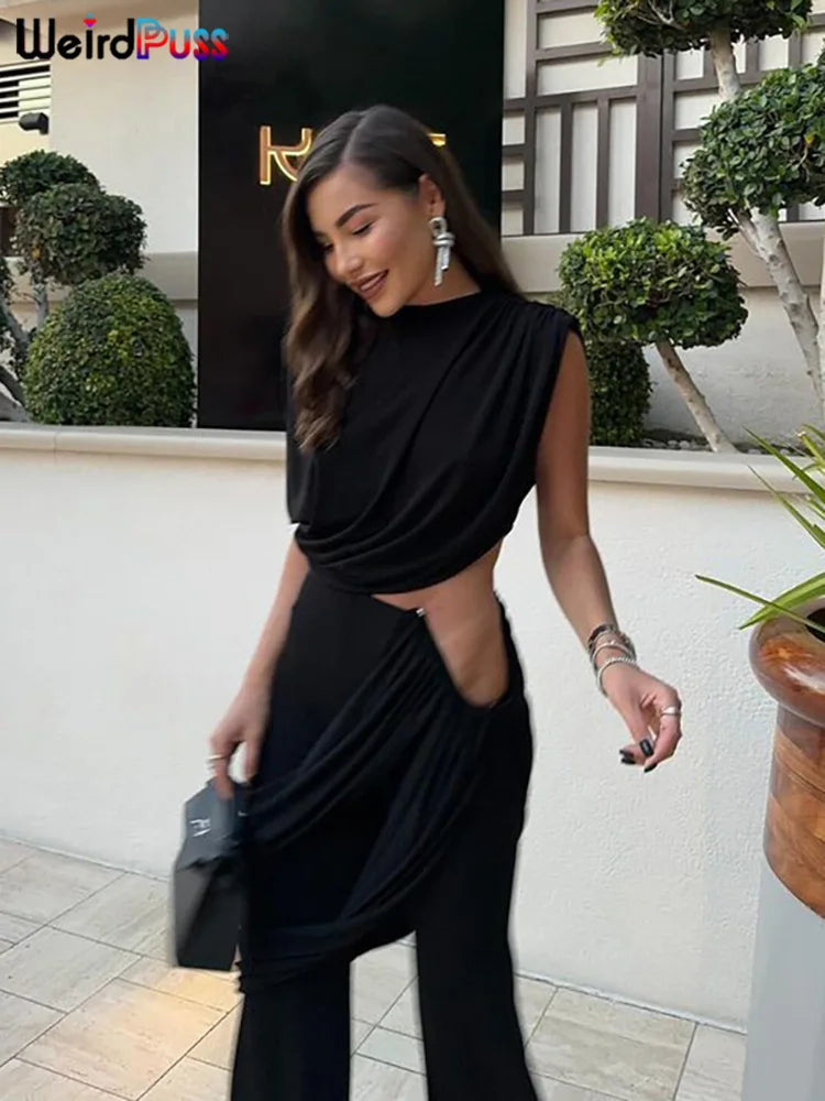 Ruched Tank Top & High Waist Flare Pants Set VestiVogue black S