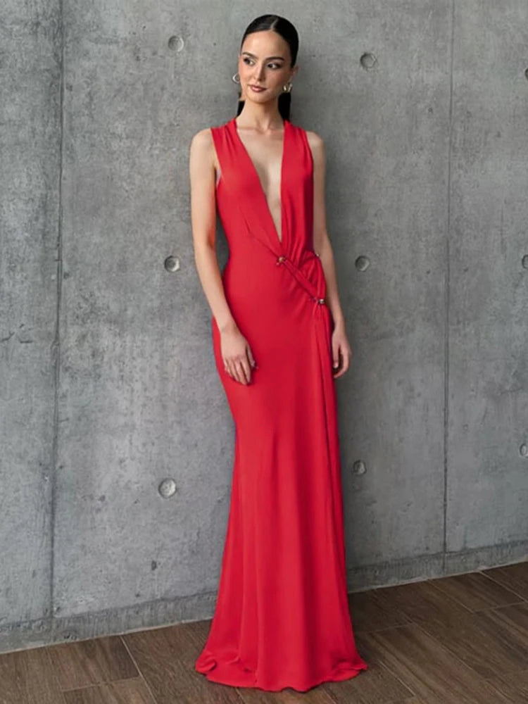 Deep V-Neck Ruched Bodycon Gown VestiVogue Red S