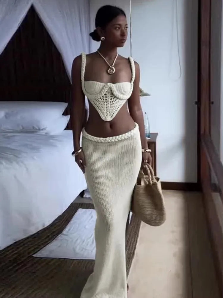 Crochet Backless Halter Top and Maxi Skirt Set VestiVogue
