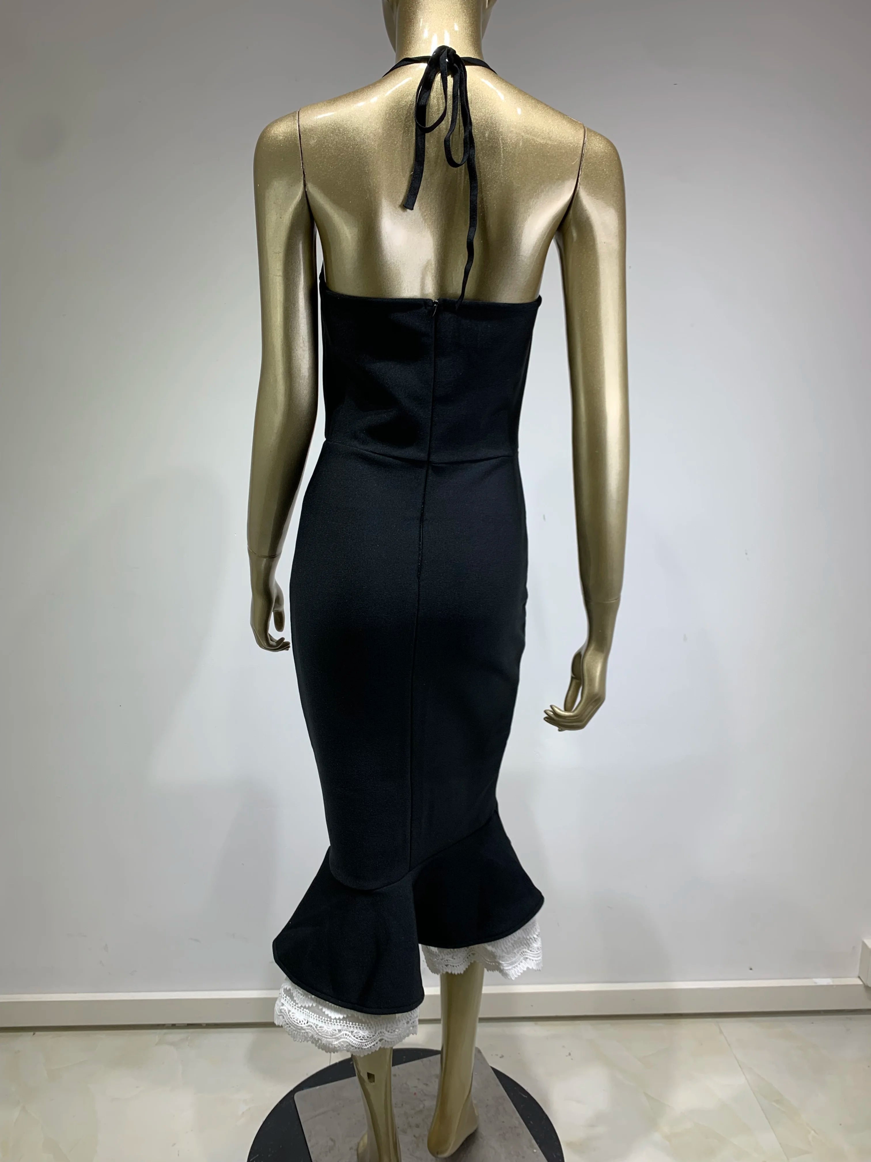 Elegant Backless Black Mermaid Midi Dress VestiVogue