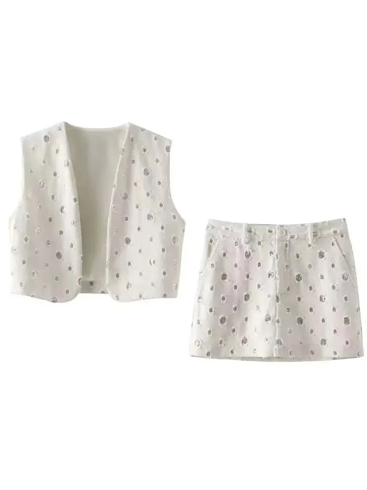 Shimmering Sequin Two-Piece Skirt Set with Sleek Zipped Skirt VestiVogue