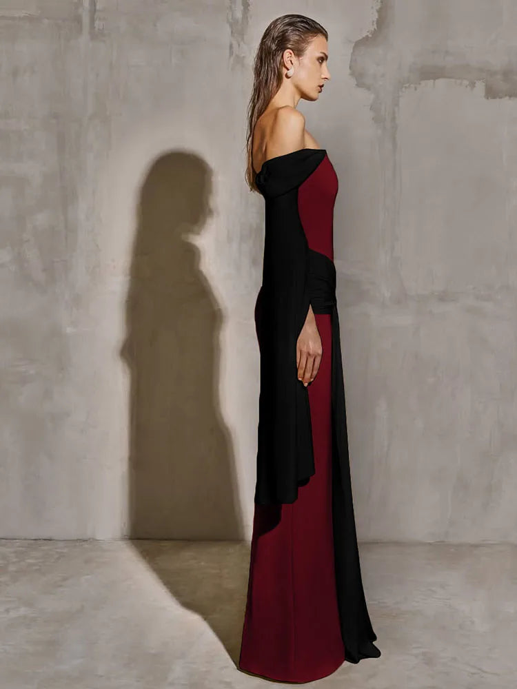 Colour-Block One-Shoulder Bell Sleeve Dress VestiVogue Claret S