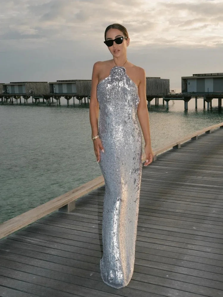 Alluring Floral Sequin Backless Maxi Dress VestiVogue