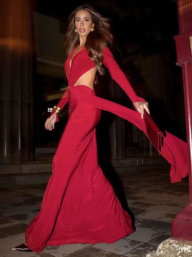 Waistless Ribbon Coquette Dress - Deep V-Neck Backless Elegance VestiVogue