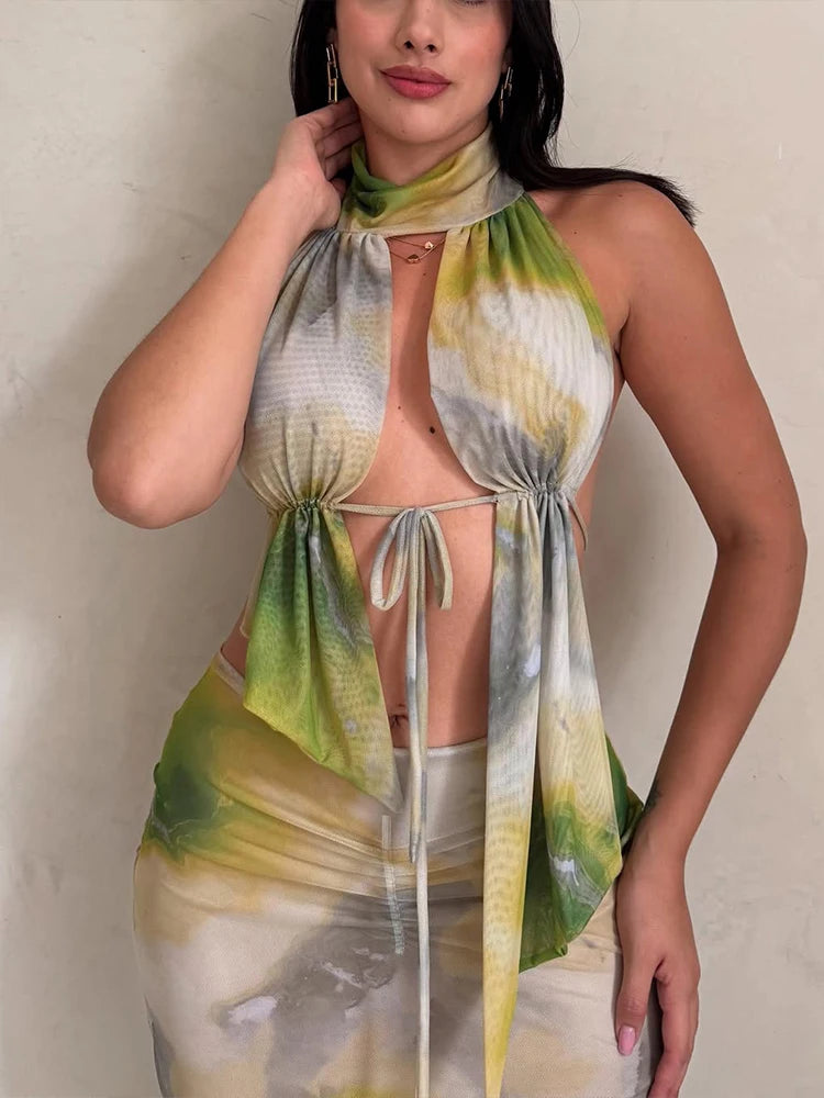 Chic Halter Neck 2 Piece Maxi Set with Stunning Print VestiVogue green S