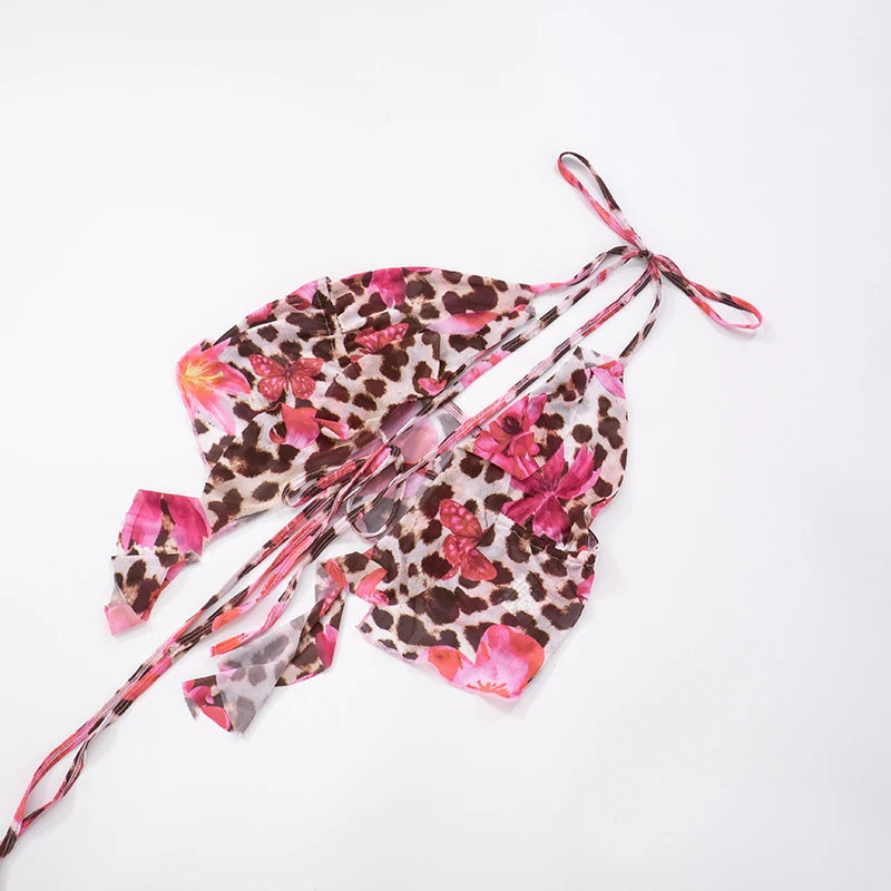 Floral Leopard Print Ruffle Tie Tank Top & Low Waisted Pants Set VestiVogue