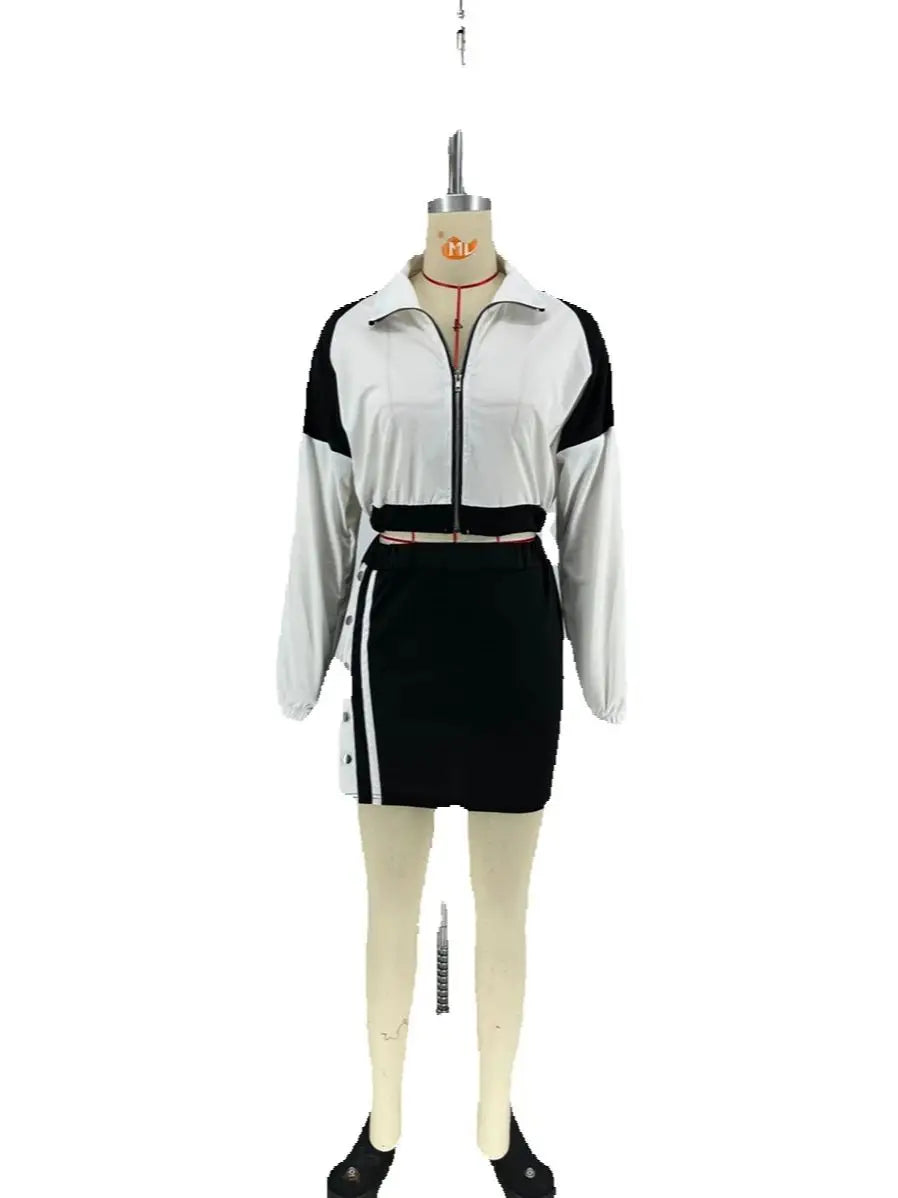 Sporty Contrast Two-Piece Set with Crop Jacket and Slit Skirt VestiVogue