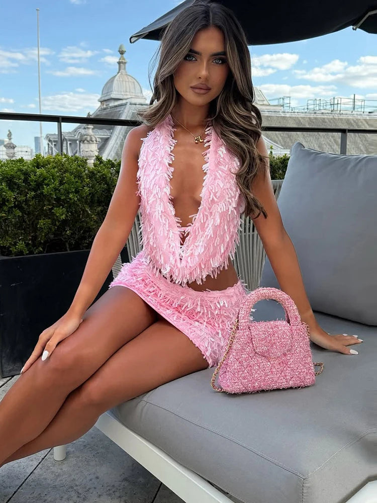 Shiny Tassel Halter Neck 2 Piece Summer Set VestiVogue Pink L