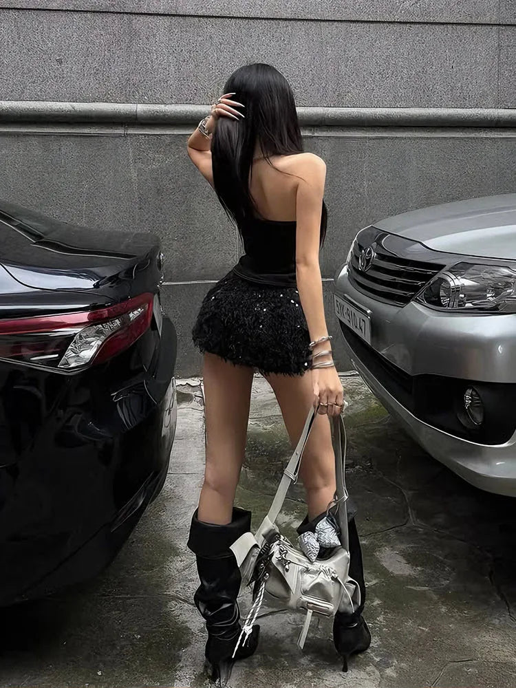 Backless Stretch Tank Top with Patchwork Detail VestiVogue