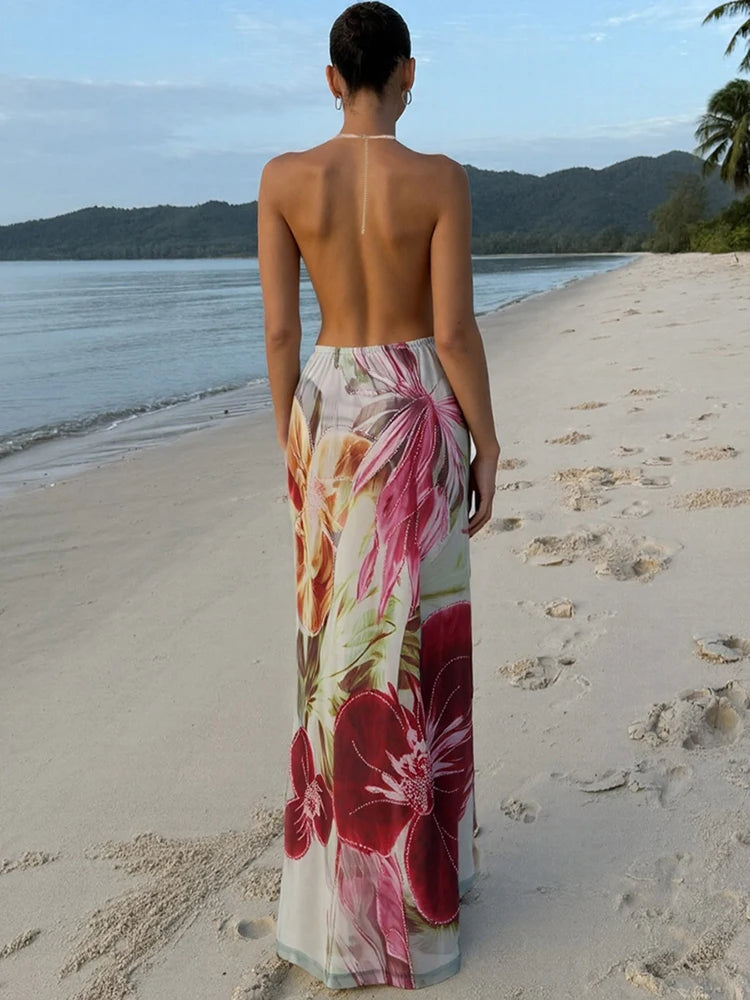 Floral Print Backless Halter Dress with Split Hem VestiVogue