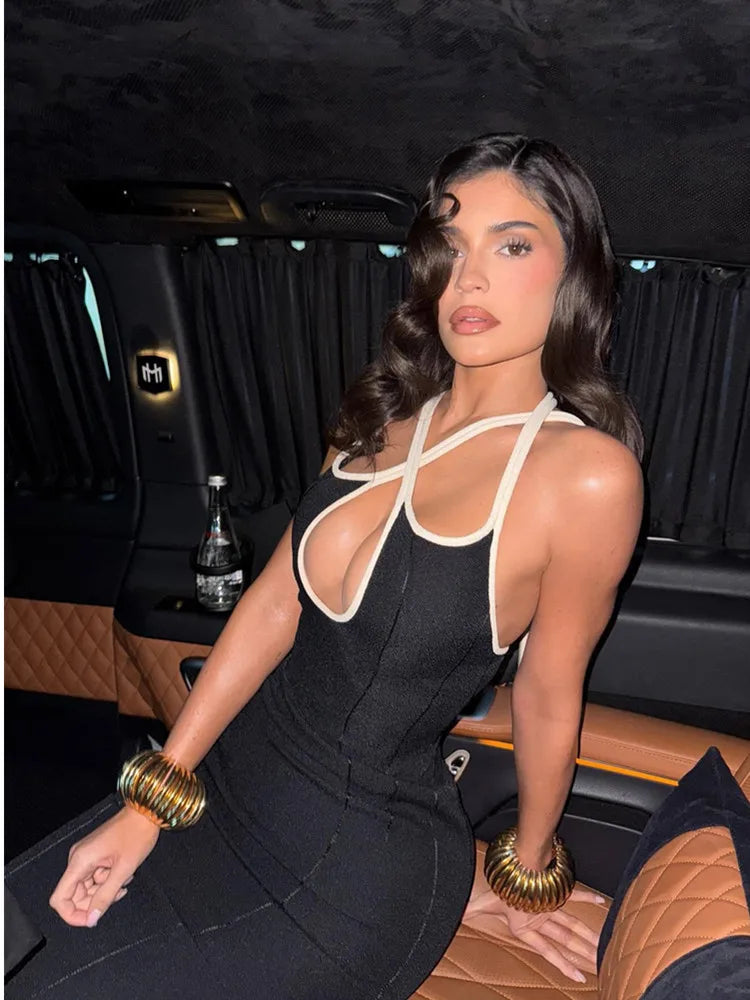 V Neck Patchwork Key Hole Black Mini Bodycon Dress VestiVogue