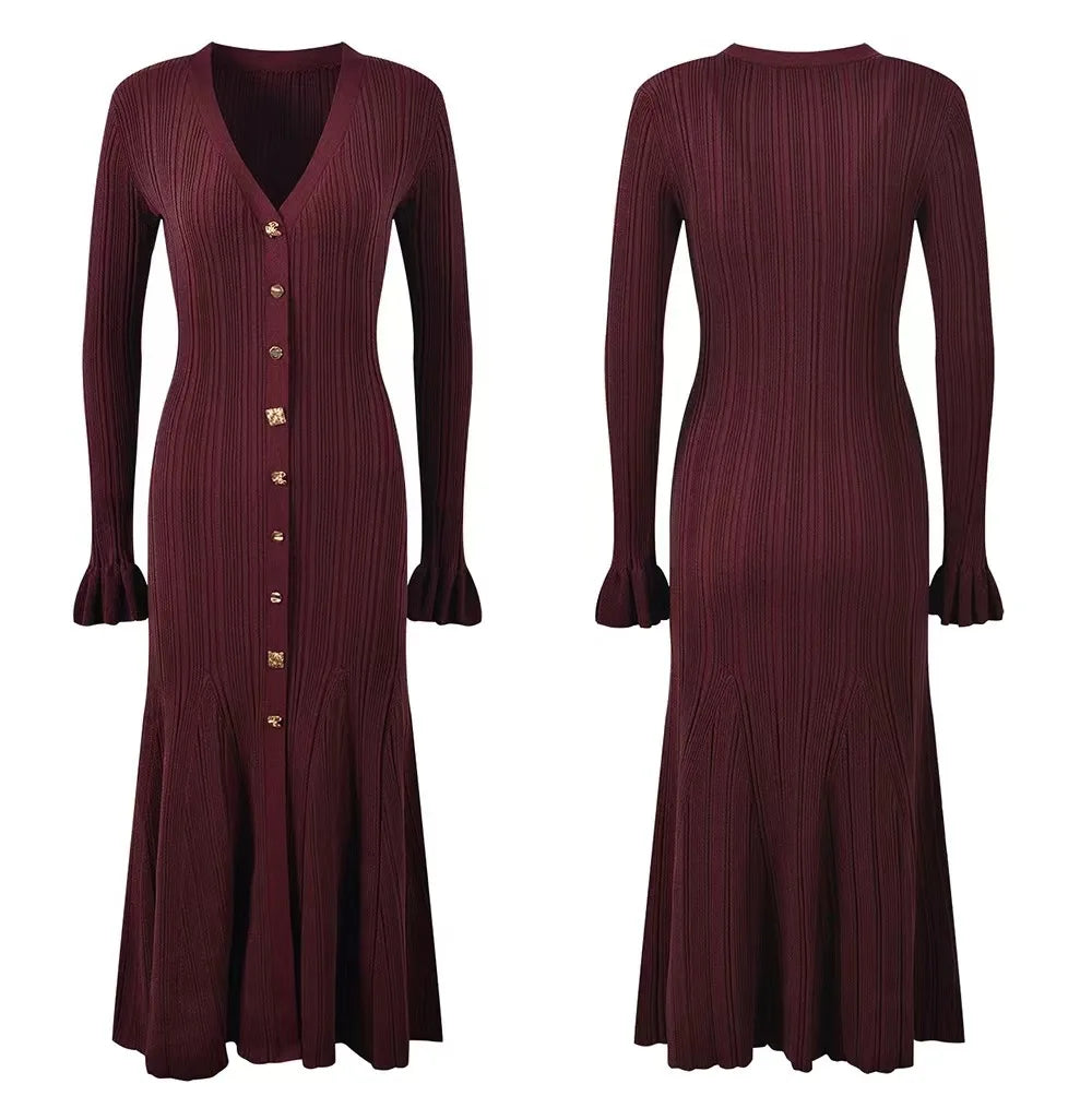 Elegant V-Neck Flare Sleeve Knitted Dress VestiVogue