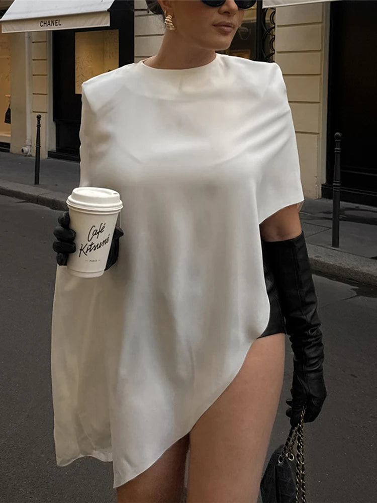 Oversize Ruched Hem Casual T-Shirt VestiVogue WHITE L