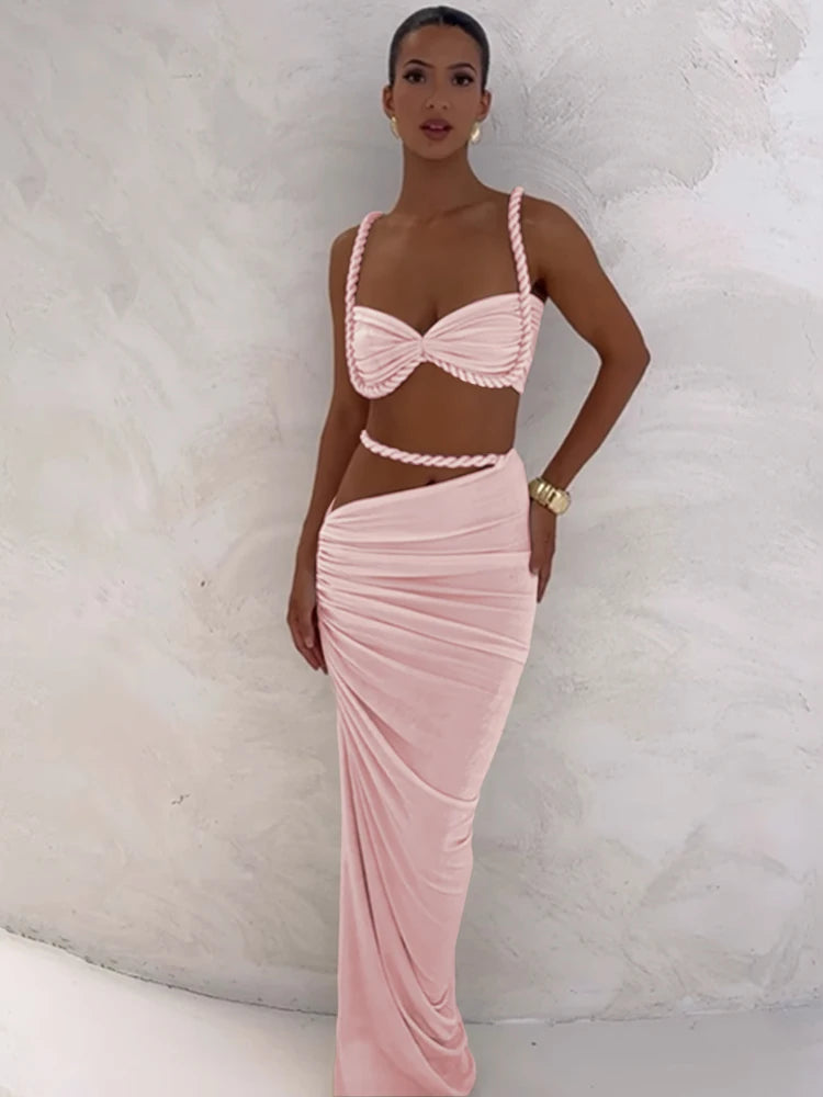 Square Collar Bra and Maxi Skirt Set VestiVogue Pink XL