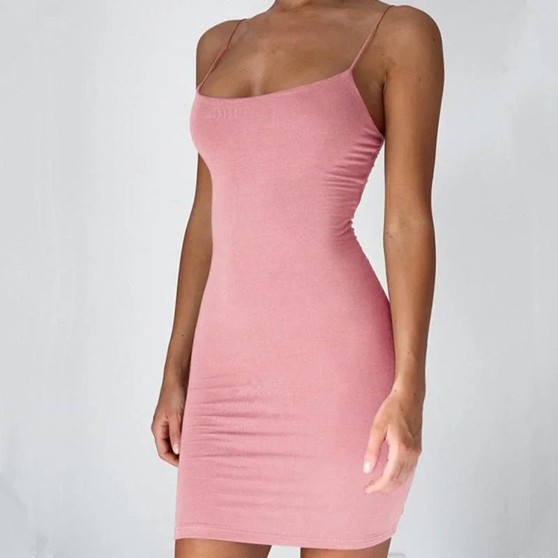 Black Mini Bodycon Spaghetti Strap Dress VestiVogue Pink S