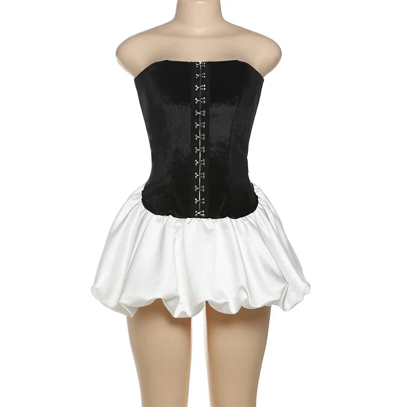 Tube Mini Dress with Buttons and Patchwork Design VestiVogue White M