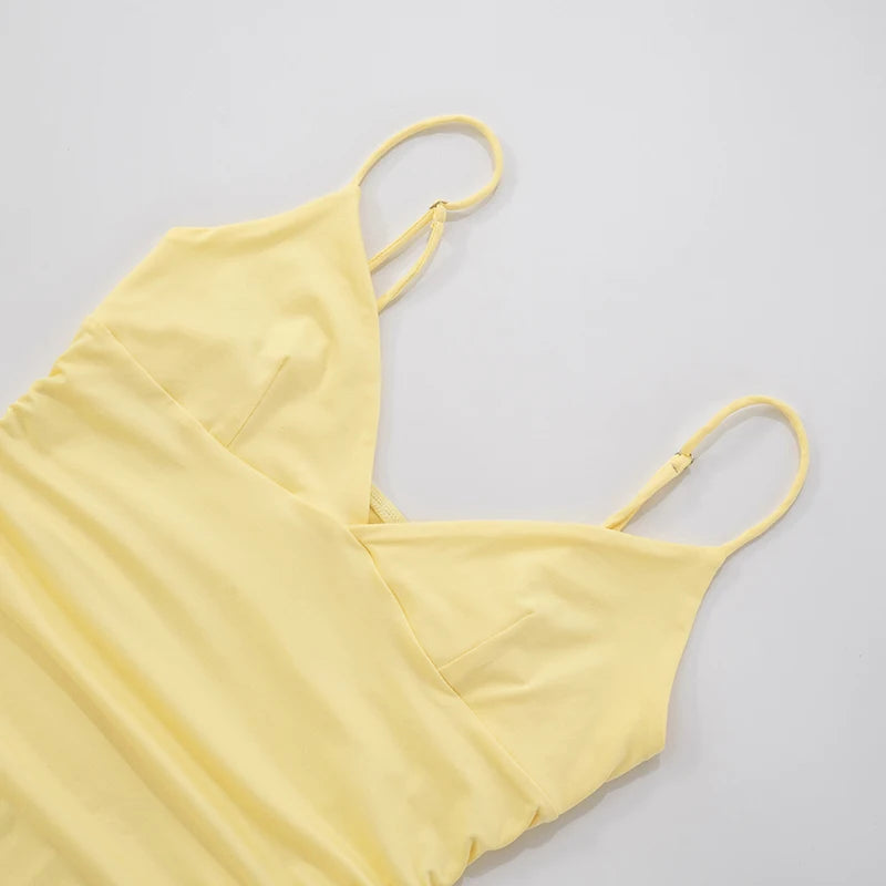 Solid Colour Spaghetti Strap Ruffled V-Neck Dress VestiVogue