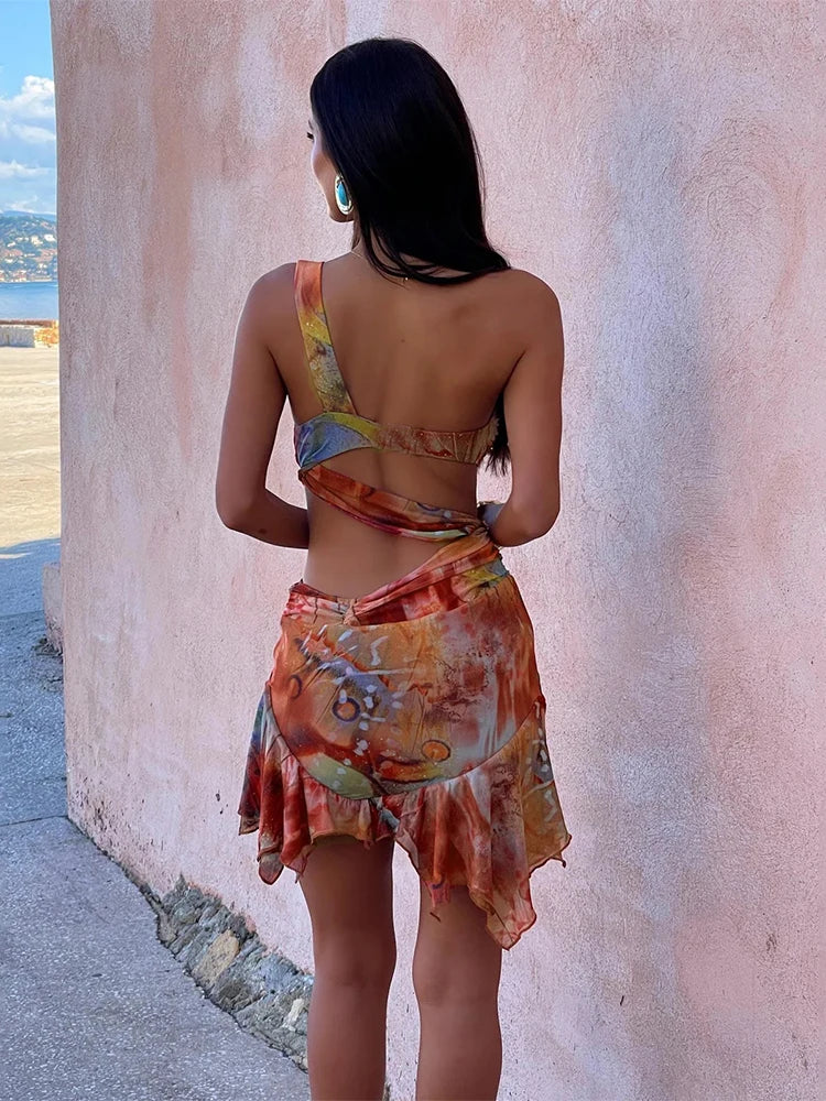 Colourful Print Bodycon Dress with Ring & Tassel Detail VestiVogue