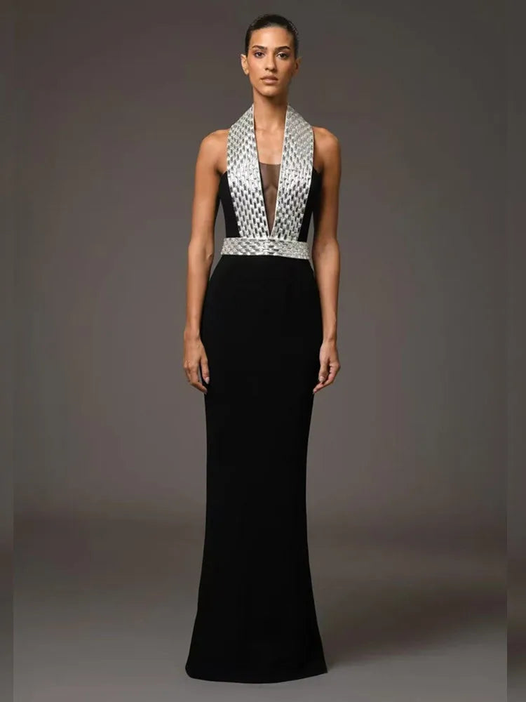 Black Backless Beaded Maxi Bodycon Dress VestiVogue black S