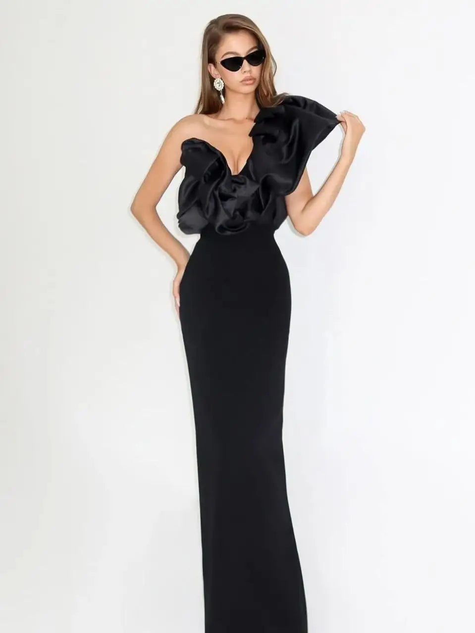 One Shoulder Black Bodycon Maxi Dress VestiVogue black S