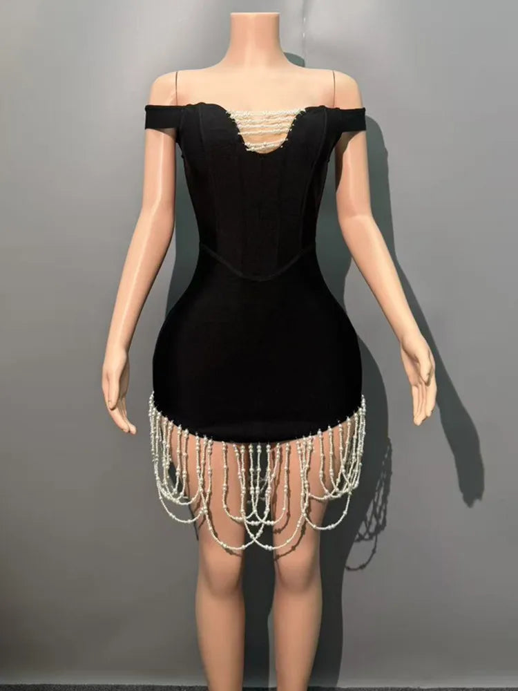 Elegant Off-Shoulder Black Bodycon Dress with Pearl Detail VestiVogue