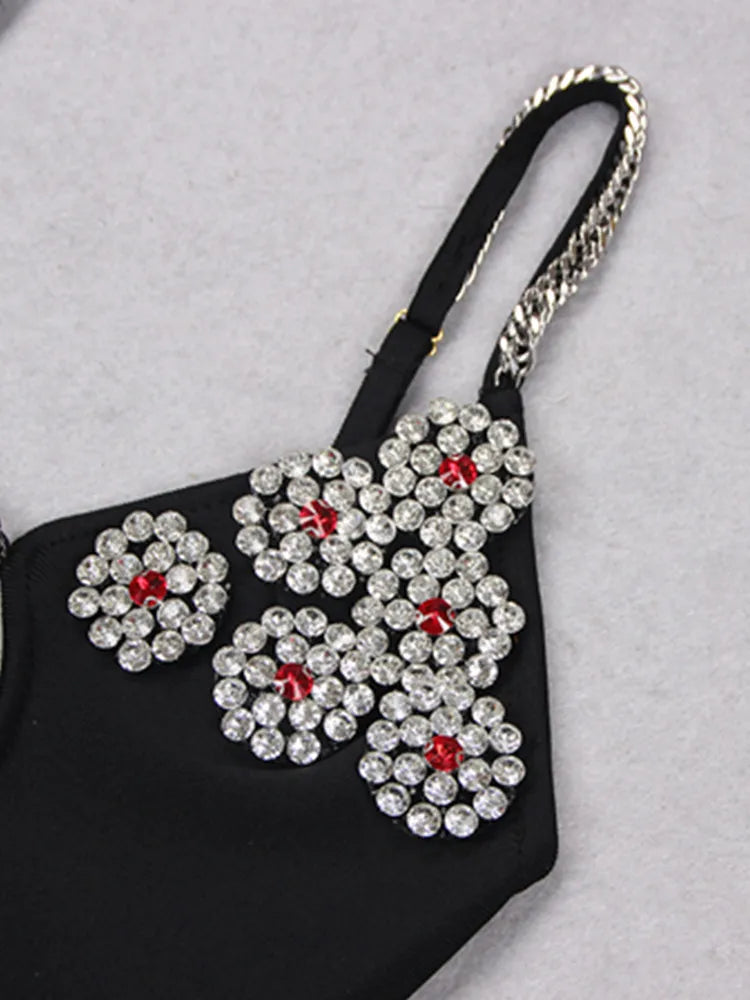 Diamond Embellished Black Bandage Mini Dress for Women VestiVogue