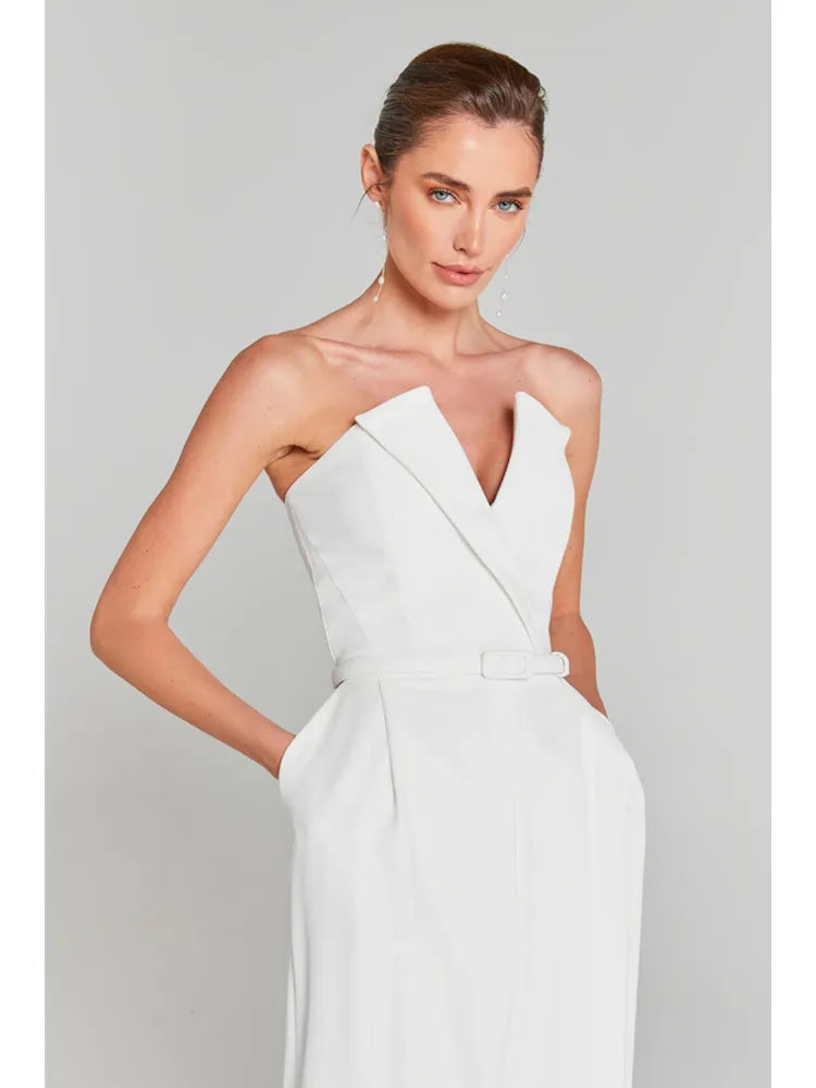 Pearl White Long Sleeve Bodycon Jumpsuit with Flare Pants VestiVogue