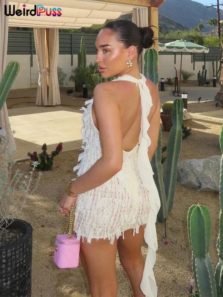 Halter Neck Tassel Mini Dress VestiVogue