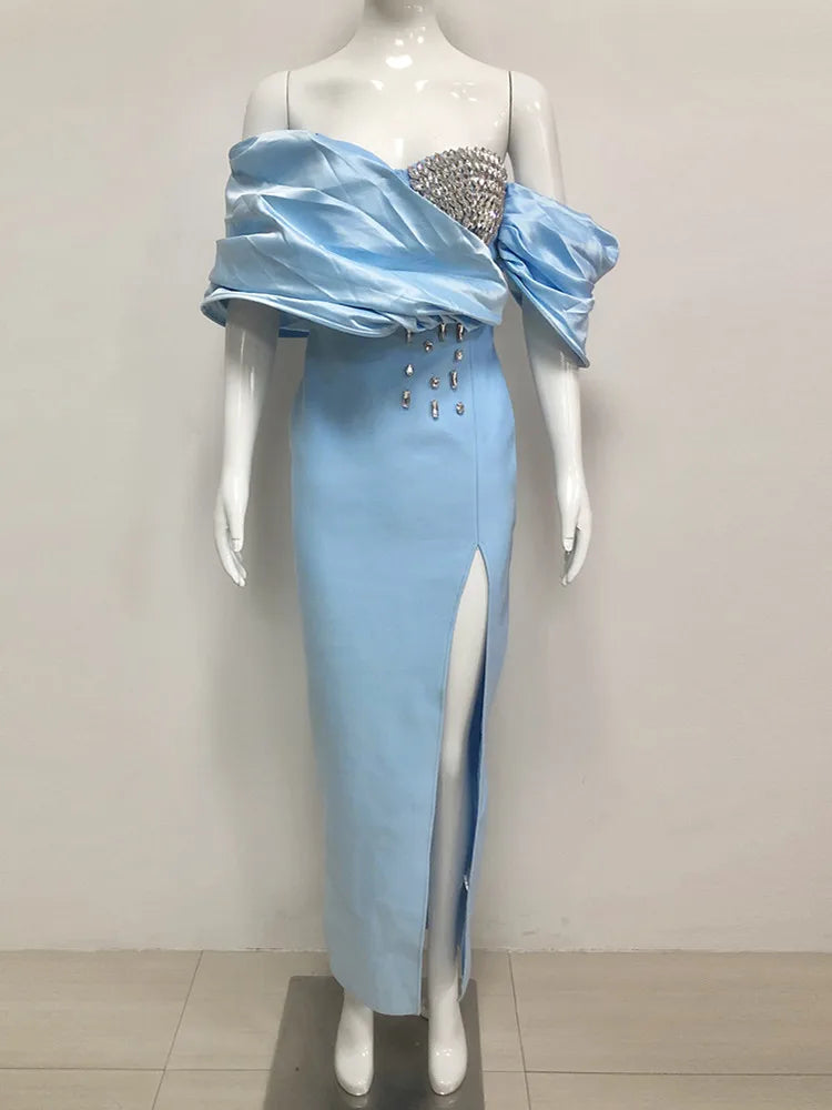 Off-Shoulder Beaded Split Bodycon Dress in Blue and Black VestiVogue