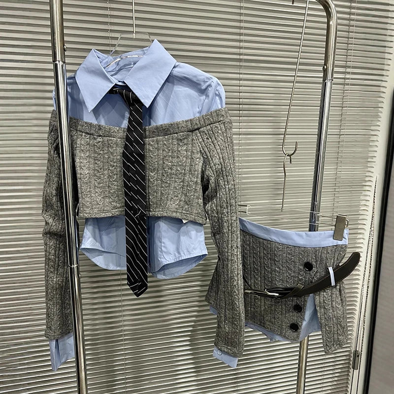 Blue Knit Sweater with Spliced Tie Shirt and Mini Skirt Three-Piece Set VestiVogue