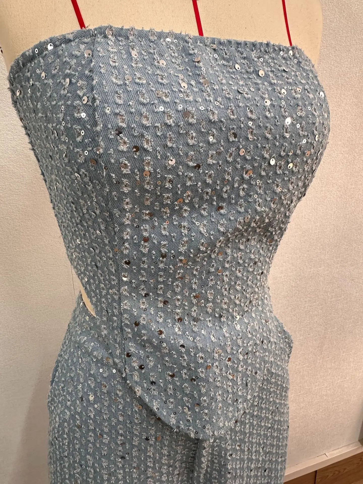 Sequinned Denim Strapless Crop Top & Wide Leg Pants Set VestiVogue