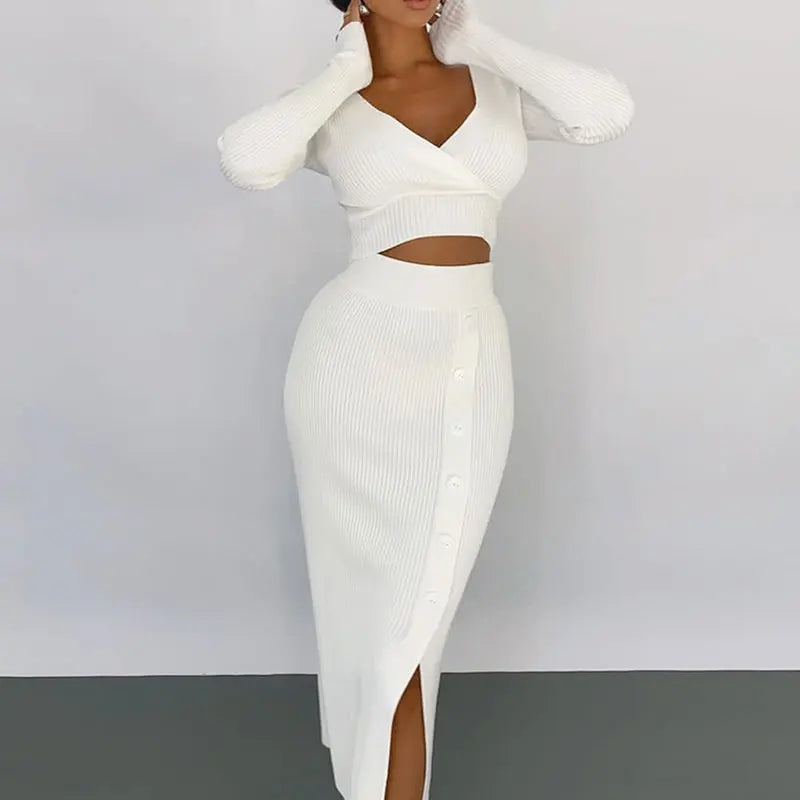 Chic Knitted V-Neck Crop Top and Midi Skirt Set VestiVogue creamy-white TZ157 M