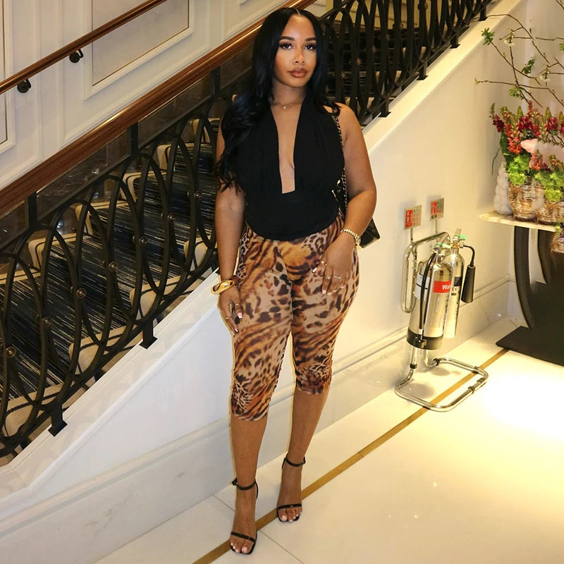 Backless Drawstring Top & Leopard Print Pants Set VestiVogue