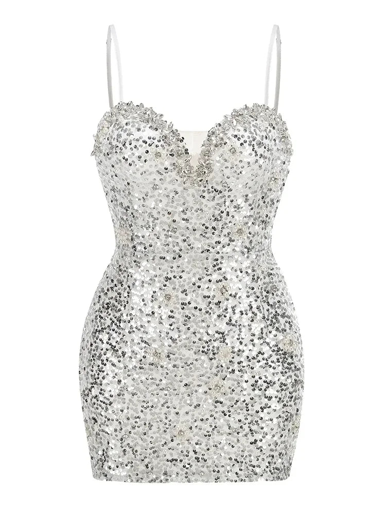 Sleek Spaghetti Strap Sequins Mini Dress VestiVogue Silver L