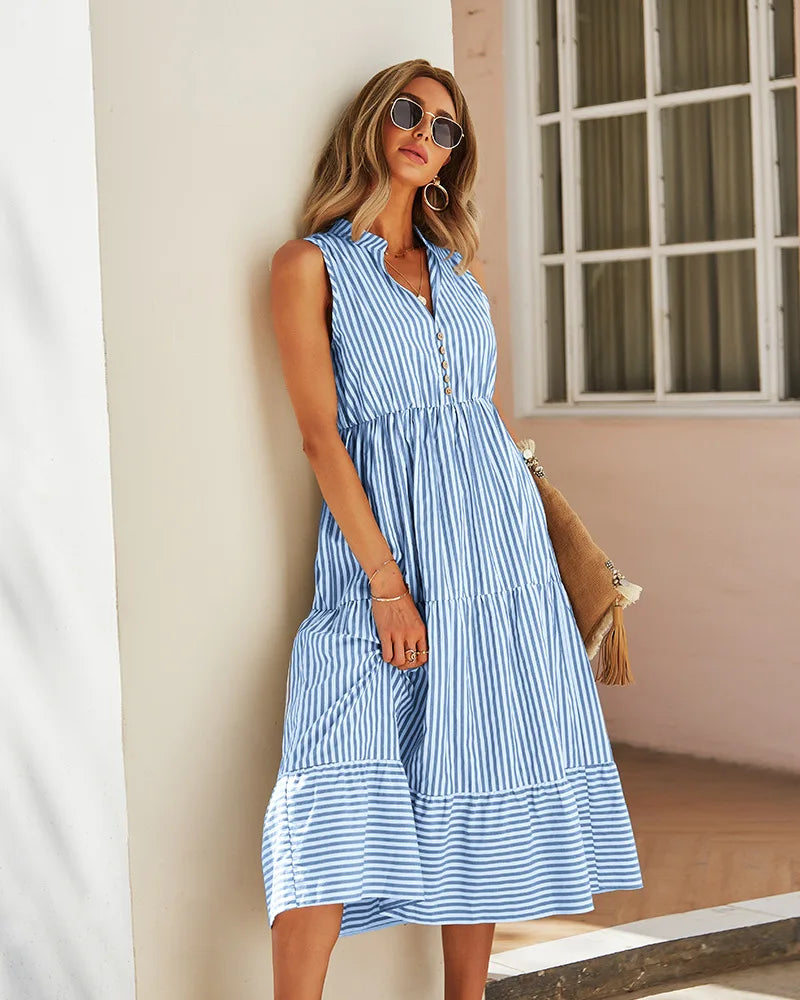 Sleeveless Striped A-Line Dress with Empire Waist VestiVogue