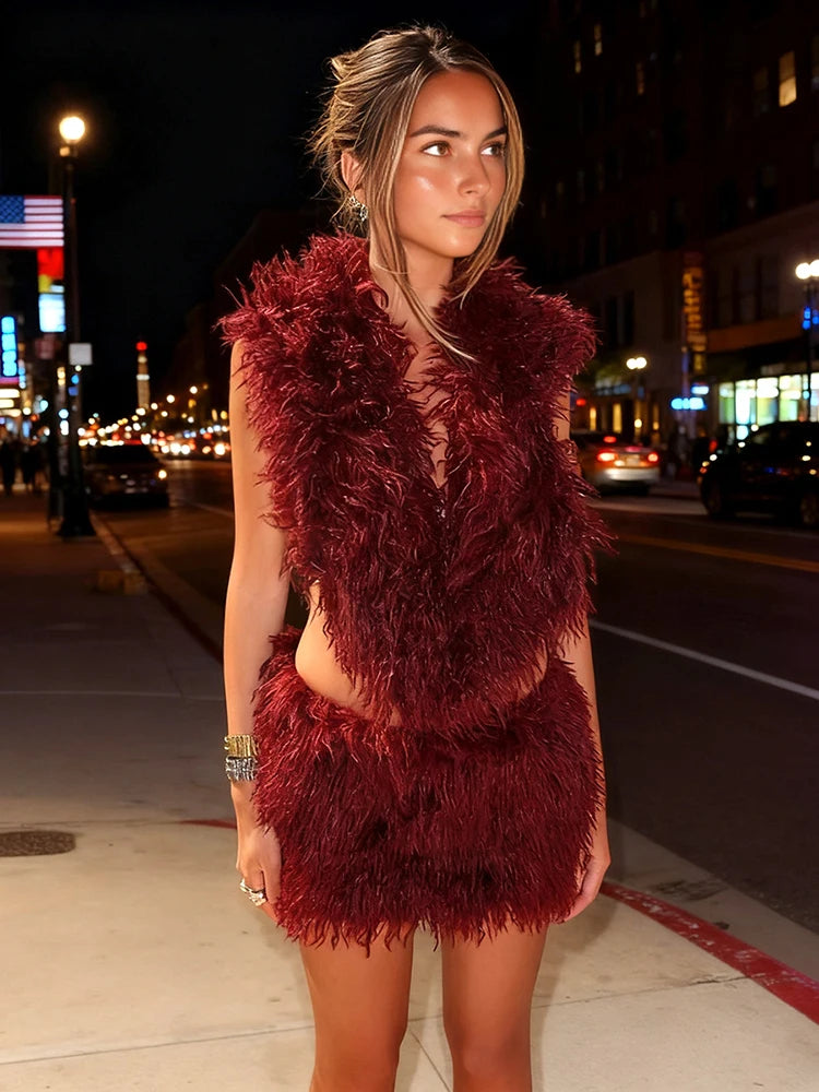 Hooded Lace-Up Crop Top & Peach Mini Skirt Set VestiVogue Burgundy S