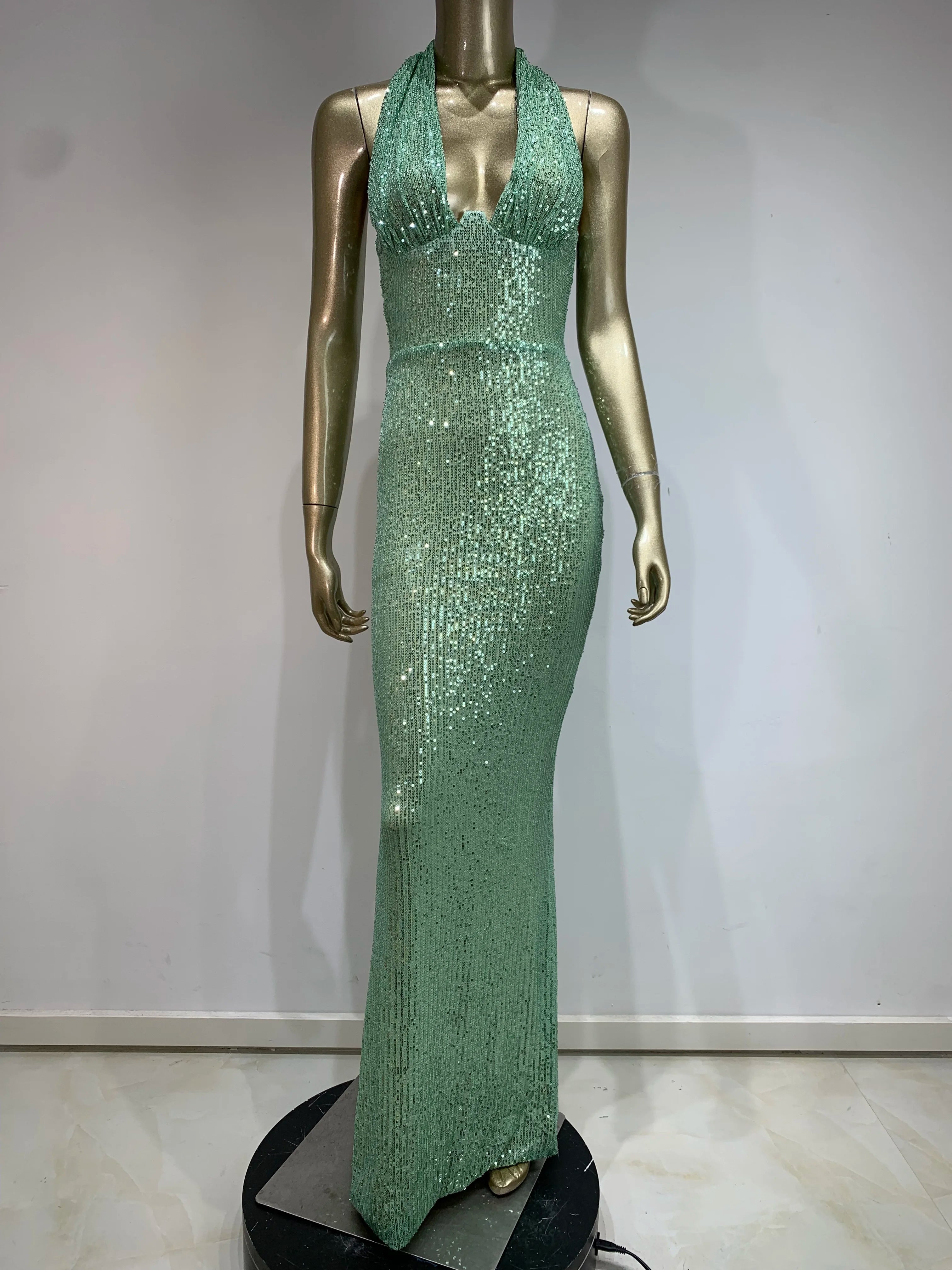 Elegant Mint Green Backless Halter Sequin Maxi Gown VestiVogue