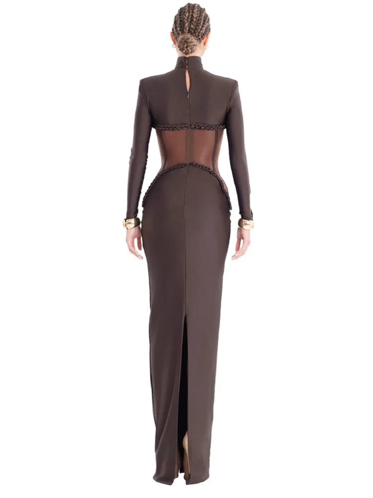 Elegant Brown Bodycon Maxi Gown with Turtleneck and Full Sleeves VestiVogue