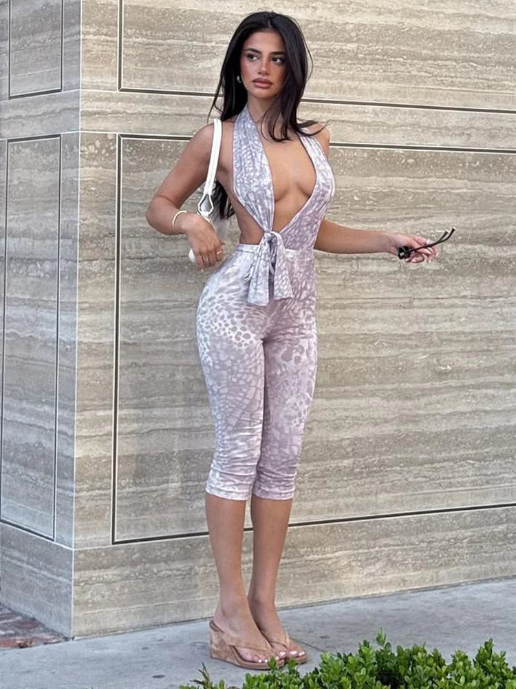 Leopard Print Backless Deep V-Neck Bodysuit VestiVogue