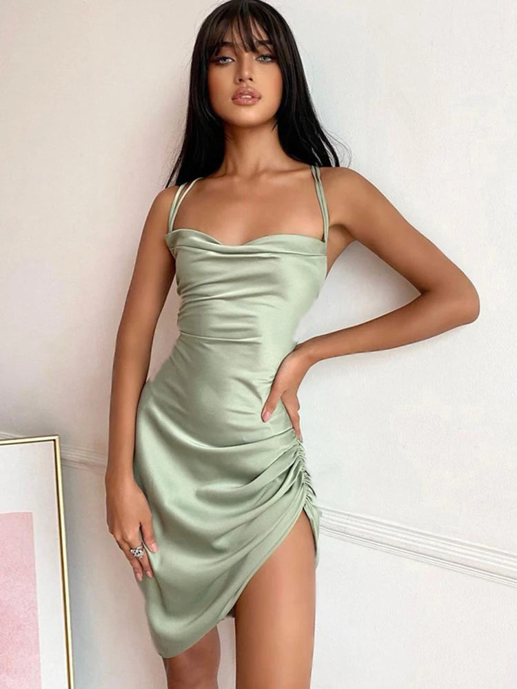 Satin Backless Bodycon Dress with Spaghetti Straps VestiVogue green S
