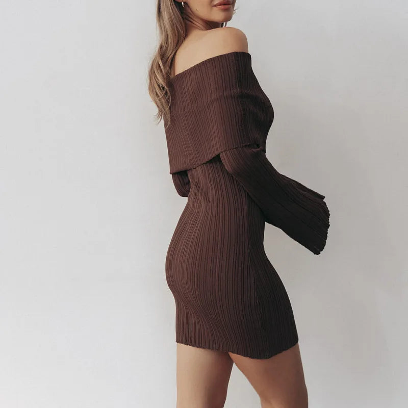 Chic White Off-Shoulder Backless Knitted Dress VestiVogue Brown 1837 L