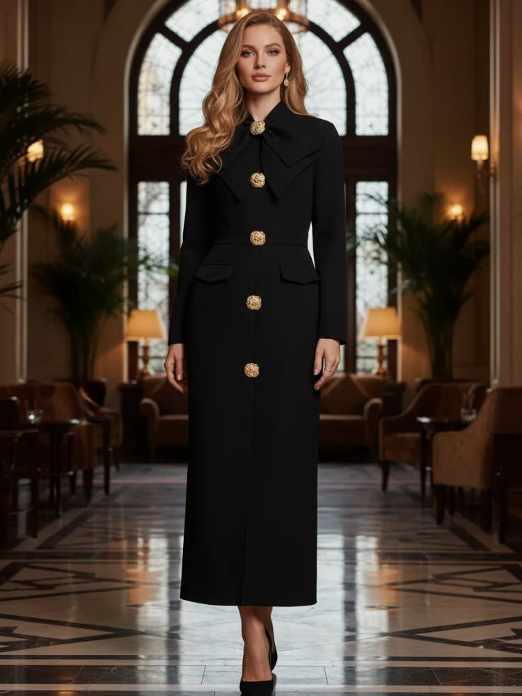 Elegant Bow Tie Slim Fit Ankle-Length Dress with Full Sleeves VestiVogue