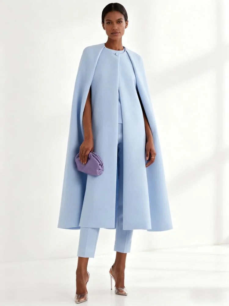 Chic Round Neck Cape & High Waist Pencil Pants Set VestiVogue